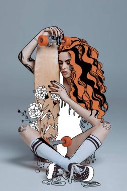 girl hugging longboard  clipart