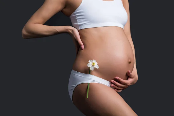 Donna incinta con fiore di narciso — Foto Stock