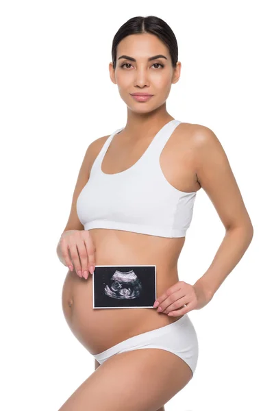 Pregnant woman with ultrasound scan — Stock Photo, Image