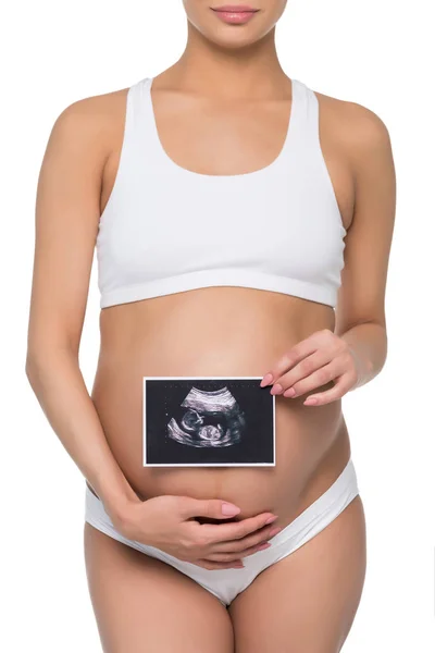 Pregnant woman with ultrasound scan — Stock Photo, Image