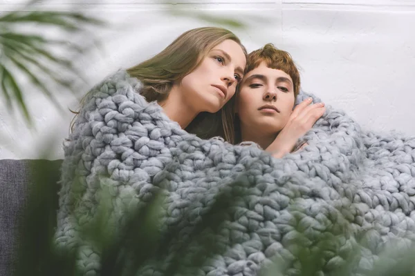 Young Lesbian Couple Sitting Knitted Wool Blanket Together Embracing Stock Photo