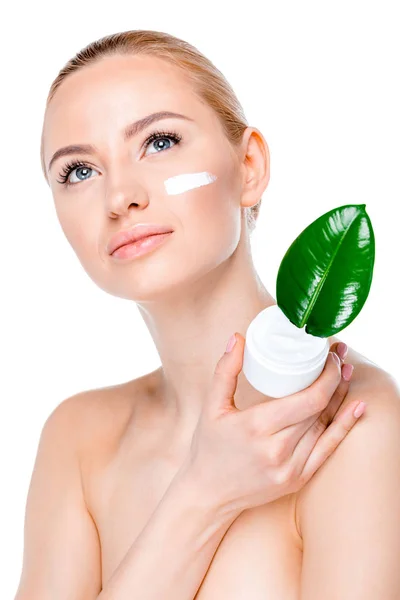 Woman with green leaf — Stock Photo