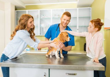 Kadın, kızı ile köpek Veteriner Hekim 