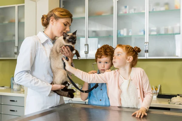 Menina auscultar gato na clínica — Fotografia de Stock