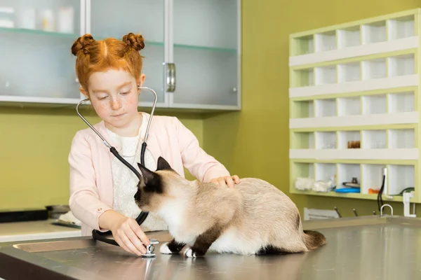 Mädchen vergrämt Katze in Klinik — Stockfoto