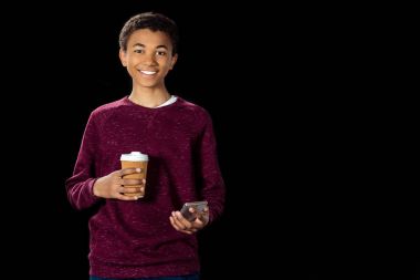 boy with smartphone and coffee to go clipart