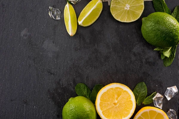 Tranches de citron vert et d'orange aux feuilles de menthe — Photo de stock