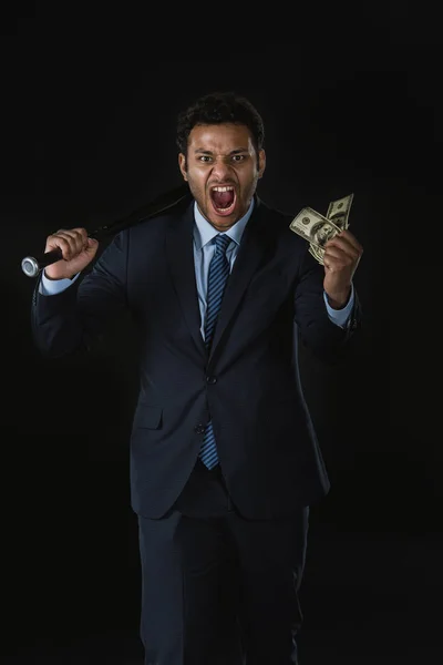 Empresário com morcego e dinheiro — Fotografia de Stock
