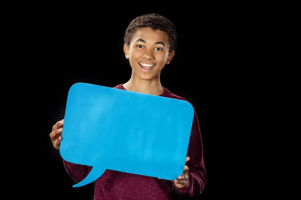 Ragazzo tenendo vuoto discorso bolla — Foto stock