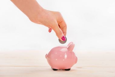 Hand putting coin in piggy bank  clipart