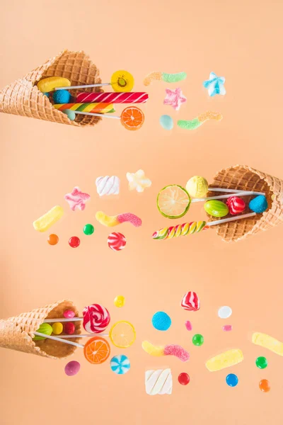 Waffle cones and candies — Stock Photo