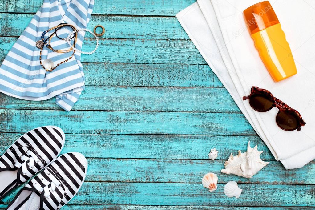 summer beach accessories on table 