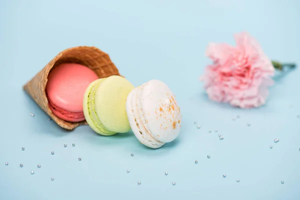 Handmade macarons in waffle cone — Stock Photo, Image