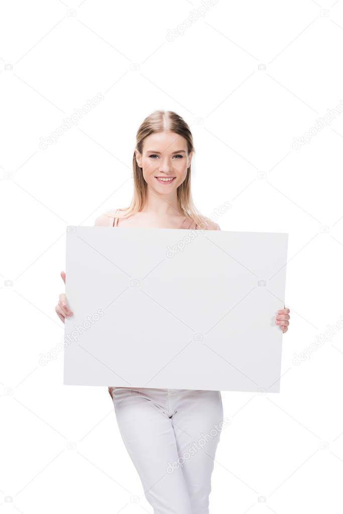 young woman holding blank banner