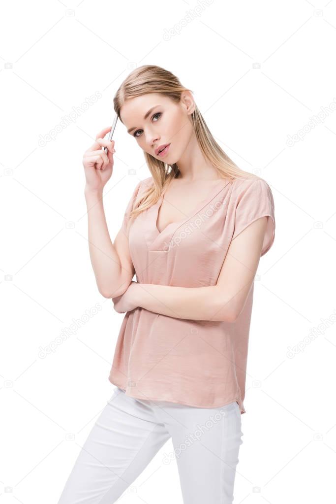 young caucasian businesswoman in thoughtful pose