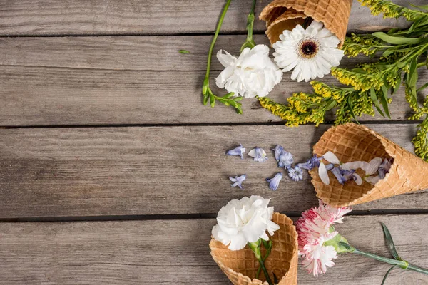 Flowers in waffle cones — Stock Photo