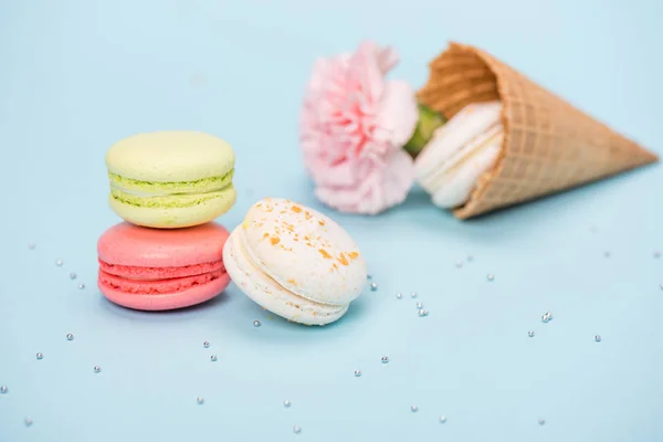 Handmade macarons in waffle cone — Stock Photo