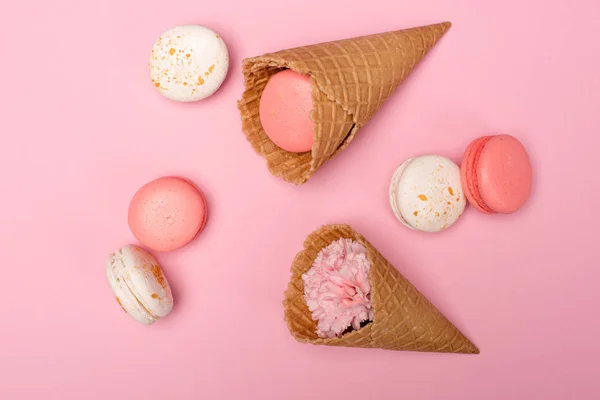 Fresh macarons in waffle cones — Stock Photo