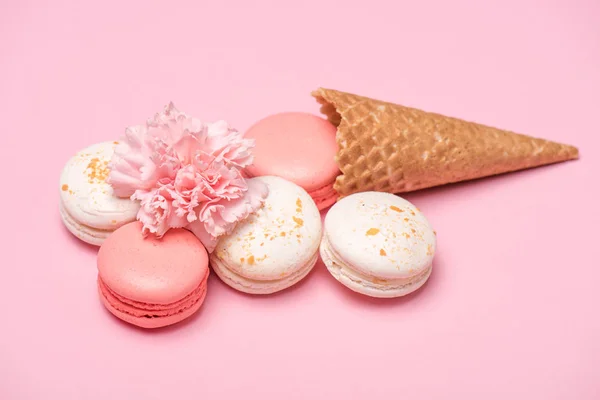 Fresh macarons in waffle cones — Stock Photo