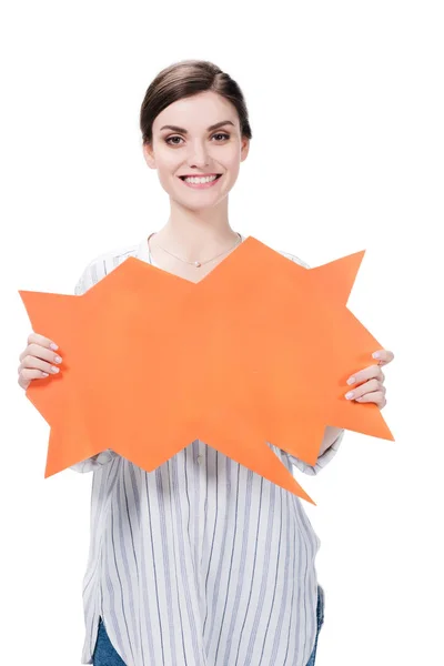 Caucasian woman holding speech bubble — Stock Photo