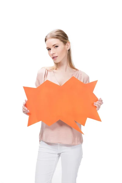 Caucasian woman holding speech bubble — Stock Photo