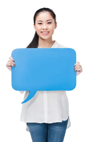 Asian girl holding speech bubble — Stock Photo