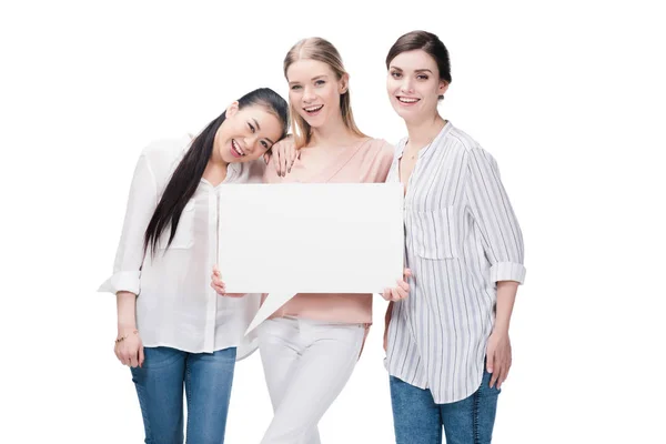 Chicas sosteniendo en blanco burbuja del habla - foto de stock