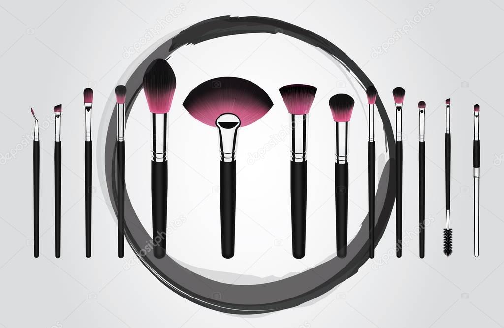 Vector illustration concept of a set of makeup cosmetic brushes with Grudge brush stroke circle on background. Black mascara circle. Acrylic black ring and make up brush concept. 