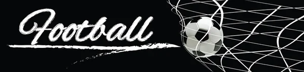 Voetbal of voetbal zwart Banner met 3D-bal in het Net en scorebord op zwarte achtergrond. — Stockvector