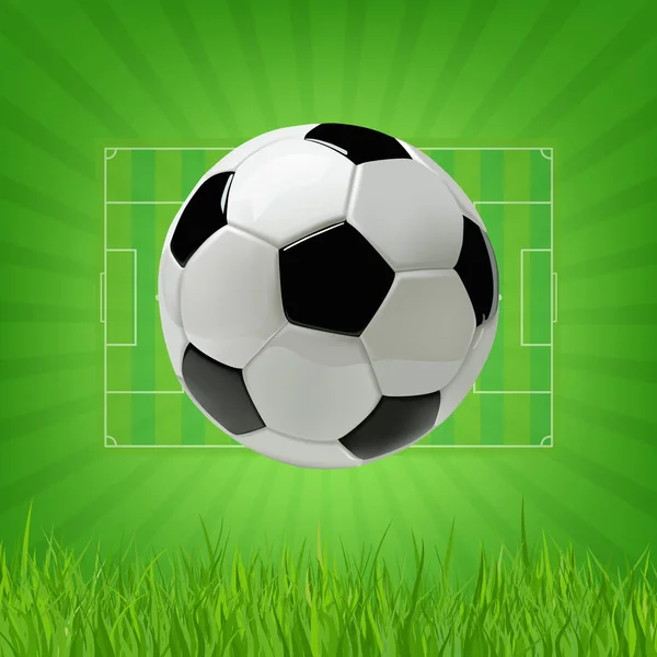 Calcio o calcio 3d palla su sfondo verde . — Vettoriale Stock