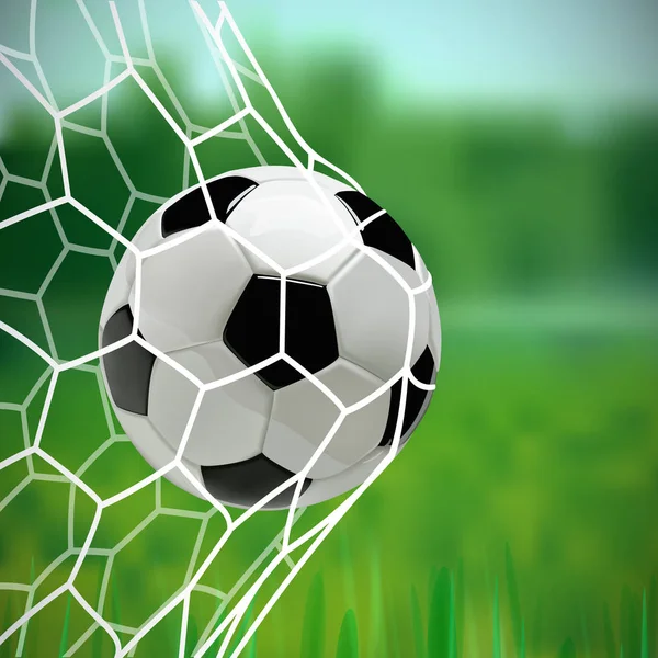 Fútbol o balón de fútbol 3d en la red sobre fondo verde . — Vector de stock