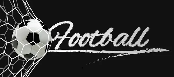 Banner de fútbol o fútbol negro con bola 3d en la red sobre fondo negro . — Vector de stock