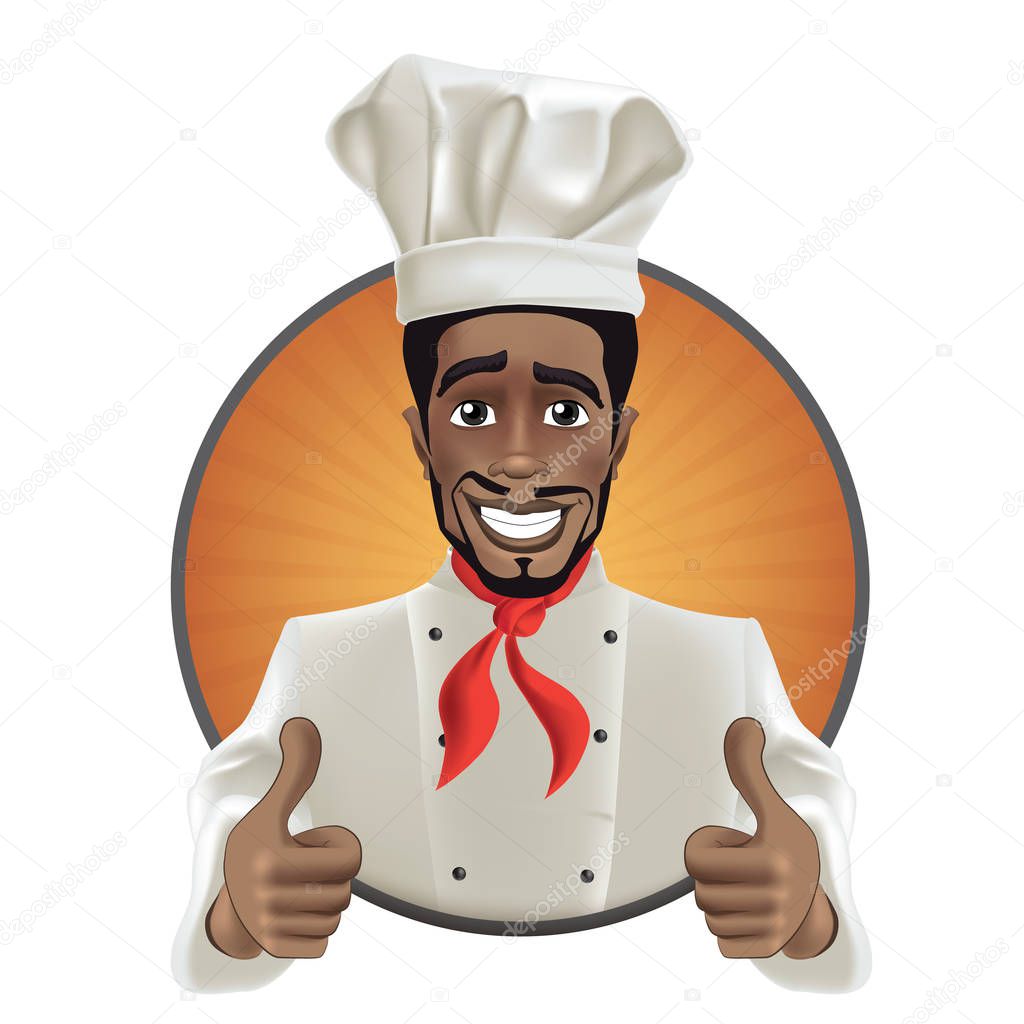 African men smiling chef. Black guy face avatar with smile, chefs hat and thumb up