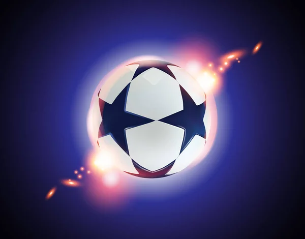 Bola 3D sepak bola. Bola sepak bola dengan bintang biru di latar belakang biru . - Stok Vektor
