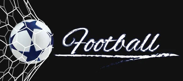 3D fotboll i netto banner. Fotboll boll med blå stjärnor på svart bakgrund. — Stock vektor