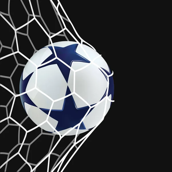 3D voetbal bal in het net. Voetbal bal met blauwe sterren op zwarte achtergrond. — Stockvector