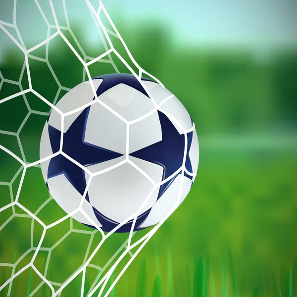 ฟุตบอลสามมิติ ฟุตบอลที่มีดาวสีฟ้าบนพื้นหลังสีเขียว . — ภาพเวกเตอร์สต็อก