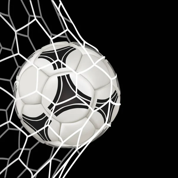 Bola de fútbol realista en red aislada sobre fondo negro . — Vector de stock