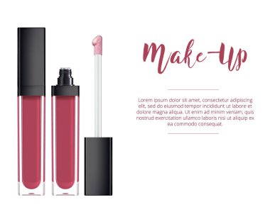 Dudak parlatıcısı kapalı siyah kapaklı şık cam şişede ve fırça, beyaz arka plan üzerinde izole konteyner açın. Likit ruj.