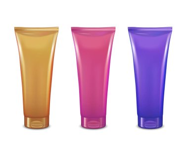 Yeşil, pembe ve mavi makyaj krem tüp şablonu. Kozmetik ürün mock-up. 3D vektör çizim için krem, sabunlar, köpükler, şampuan, losyon.