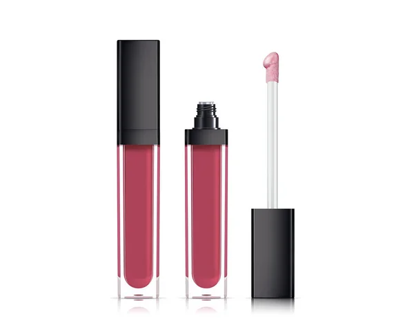 Lipgloss in eleganter Glasflasche mit schwarzem Deckel, geschlossenem und offenem Behälter mit Pinsel, isoliert auf weißem Hintergrund. flüssiger Lippenstift. — Stockvektor