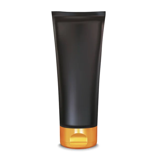 Modello di tubo crema trucco nero e oro. modello di prodotto cosmetico. 3d Illustrazione vettoriale per crema, saponi, schiume, shampoo, lozioni . — Vettoriale Stock