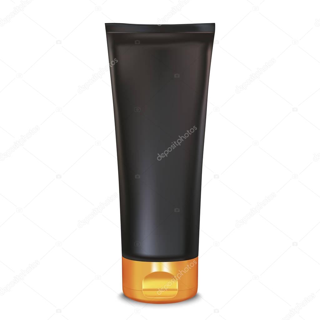 Black and gold makeup cream tube template. Cosmetics product mock-up. 3d Vector illustration for cream, soaps, foams, shampoo, lotions.