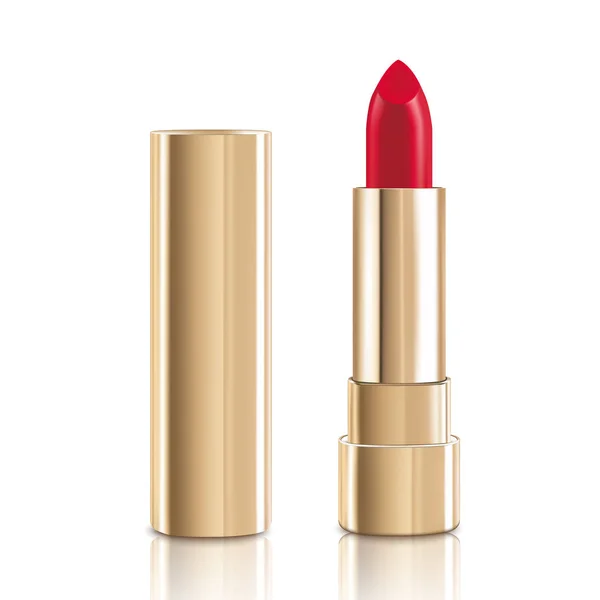 Schöner roter Lippenstift mit Deckel in Gold. Make-up realistische kosmetische Vektorabbildung isoliert auf weiß. — Stockvektor