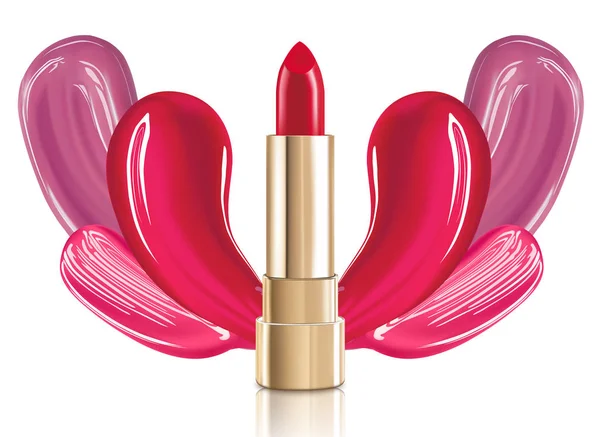 Schöner roter kosmetischer Lippenstift mit Deckel in Gold und roter flüssiger Foundation schmiert auf dem Hintergrund. isoliert auf weiß. — Stockvektor