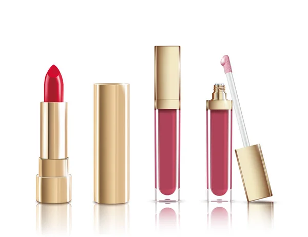 Schöner roter Lippenstift und flüssiger Lipgloss in Gold. Make-up realistische kosmetische Vektor isoliert auf weiß. — Stockvektor