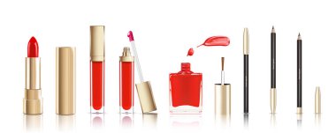 Güzel kozmetik altın set. ruj, dudak parlatıcısı, yayma ve kozmetik göz kalemi pelcil boyasıyla çivi. Makyaj gerçekçi vektör üzerinde beyaz izole.