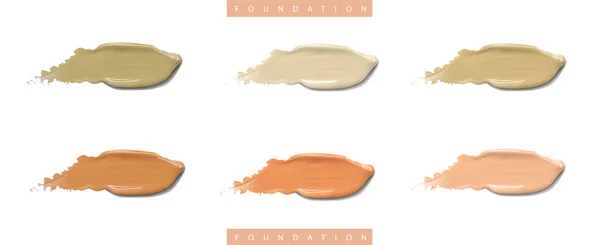 Kosmetische flüssige Foundation Creme in verschiedenen Farben mit Schmierabstrichen. Make-up Schmierereien isoliert auf weißem Hintergrund. — Stockvektor