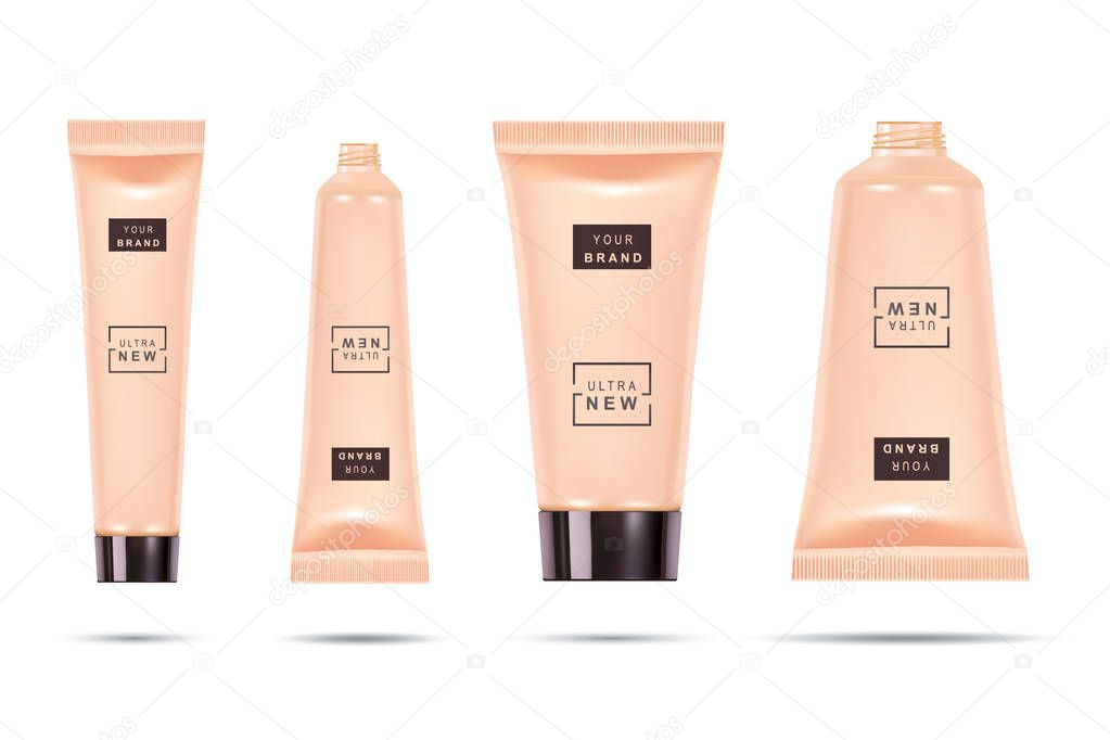 Cosmetic plastic tube. Foundation cream container isolated on white background. Beauty make up product package, vector illustration.