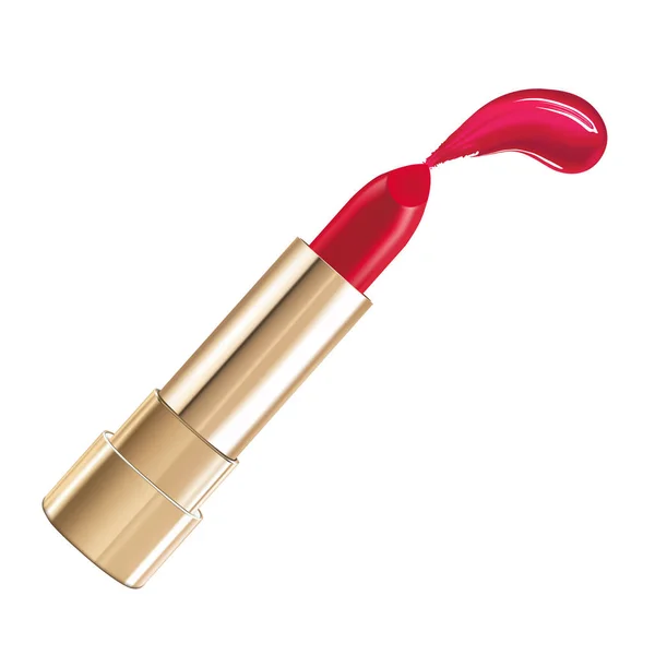 Schöner roter kosmetischer Lippenstift mit Deckel in Gold und roten Flüssigschmierern auf dem Hintergrund. isoliert auf weiß. — Stockvektor